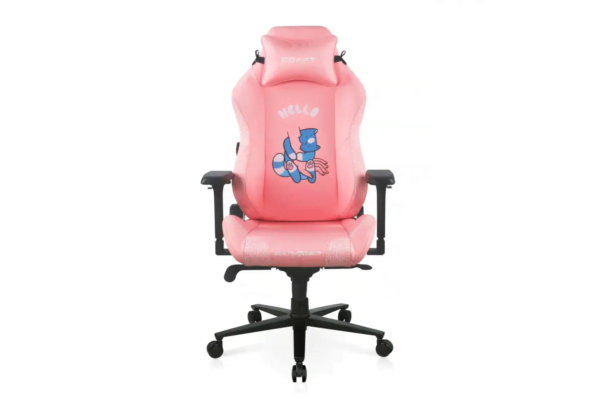 Игровое кресло DXRacer Craft CRA/D5000/P Hello Human Cat компьютерное, до 115 кг, 4D, до 150 градусов, кожа PU, металл, цвет розовый с рисунком-1